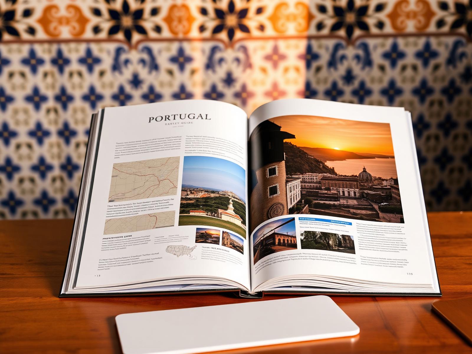 Prévia do roteiro Portugal aberto sobre mesa com azulejos ao pôr do sol