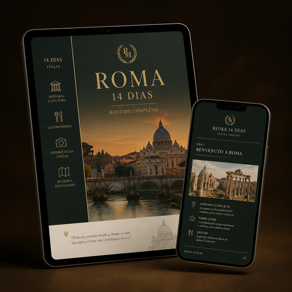 Mockup do roteiro de Roma em tablet e celular